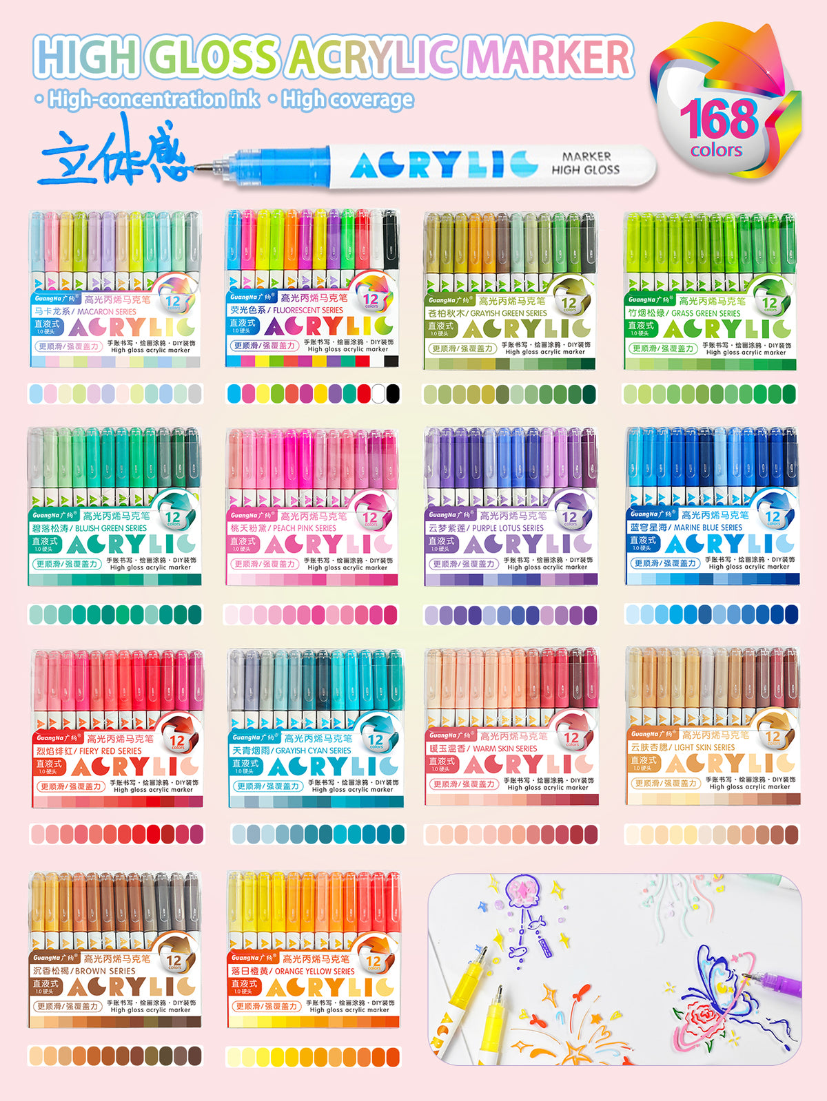 GuangNa High Gloss – Feutres acryliques – Pack de 12 couleurs